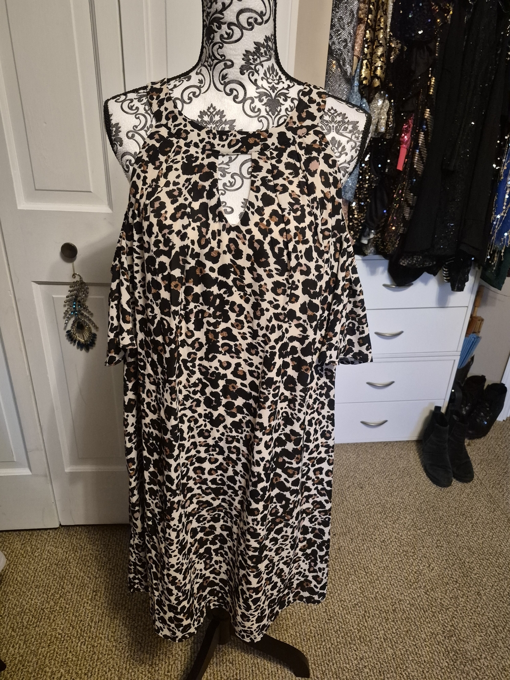 NWT - Lily Rose Beige and Black Leopard Cold-Shoulder Midi Dress - 2X